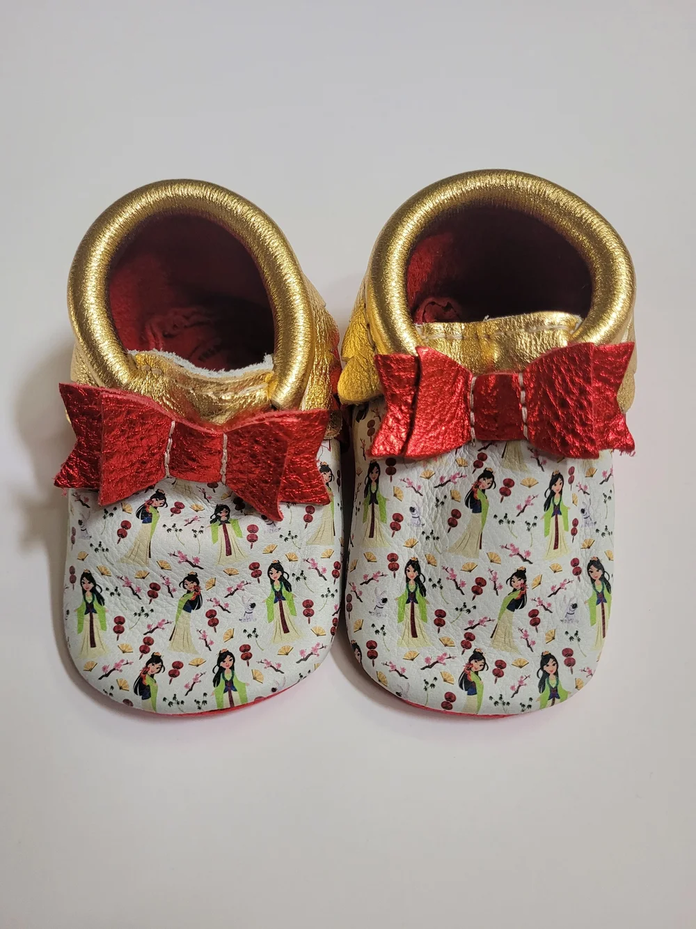 Freshly Picked Disney Baby Red MULAN Bow Moccasin Sz 3 Infant Shoes
